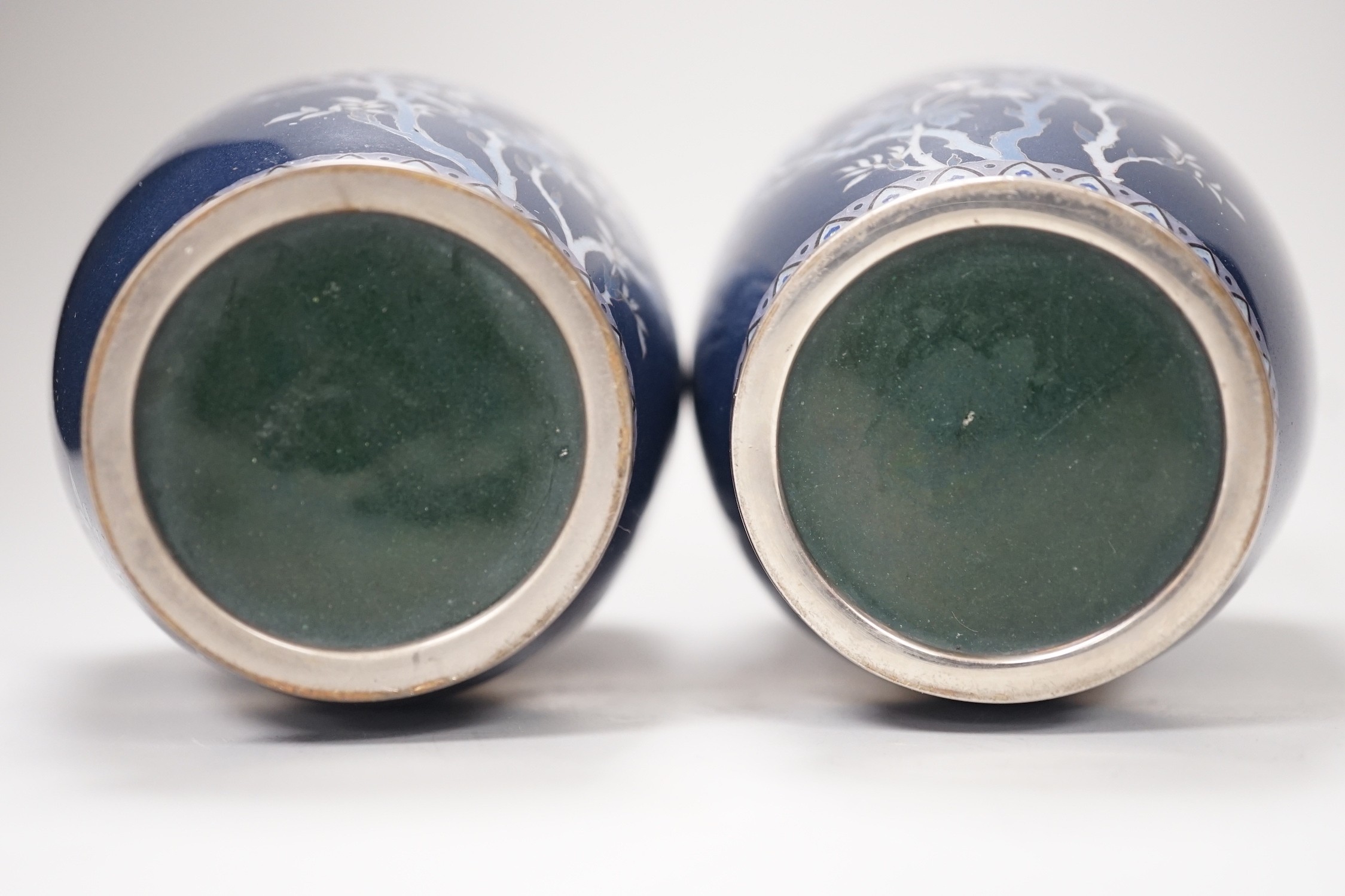 A pair of Japanese silver wine cloisonné enamel vases. 15cm high
